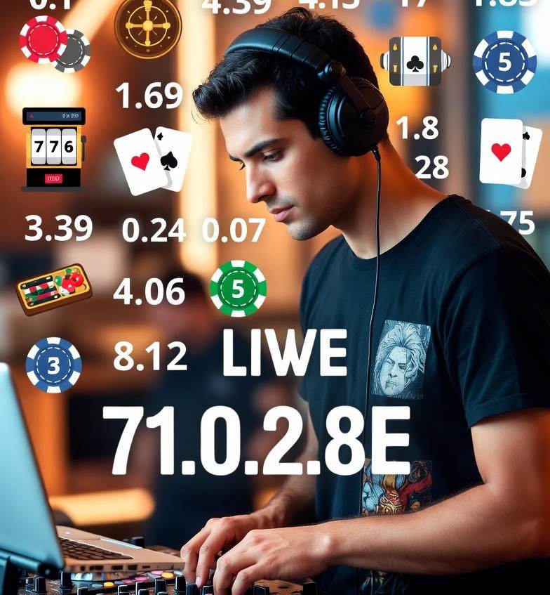 DJ mixing tracks with overlaid icons of casino games