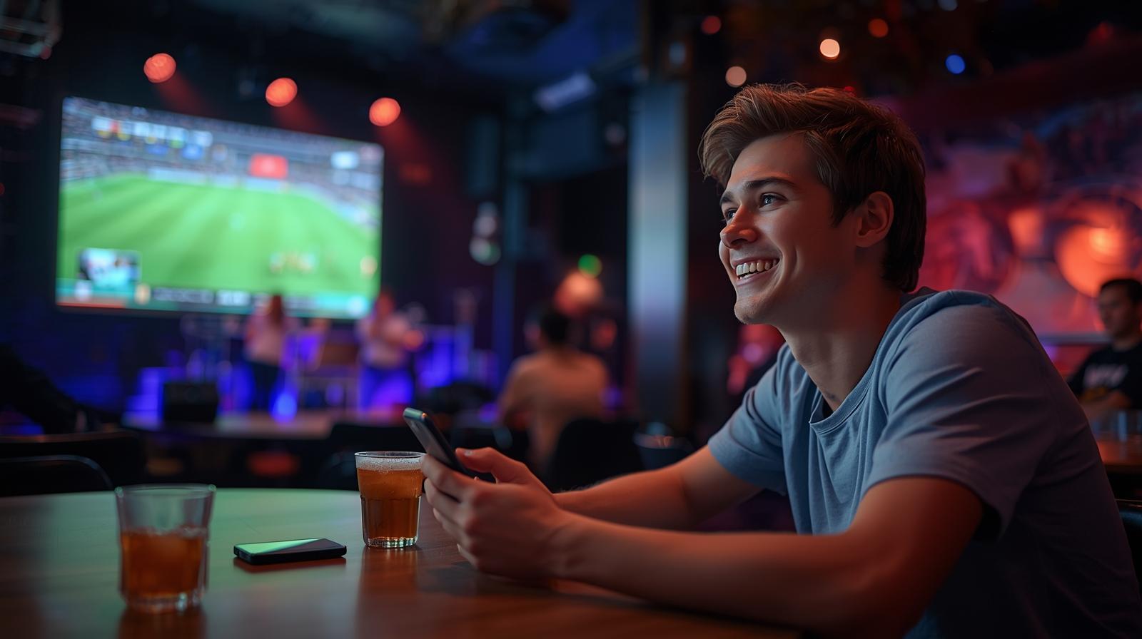 Happy fan enjoying live sports stream with music ambiance inside vibrant modern lounge.