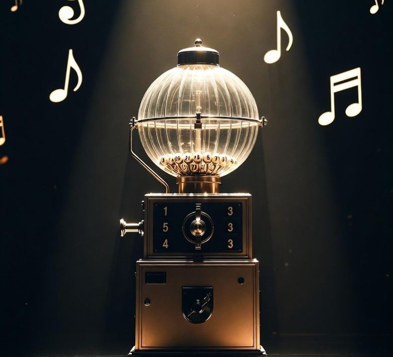 a dramatic spotlight on a number draw machine with floating musical symbols