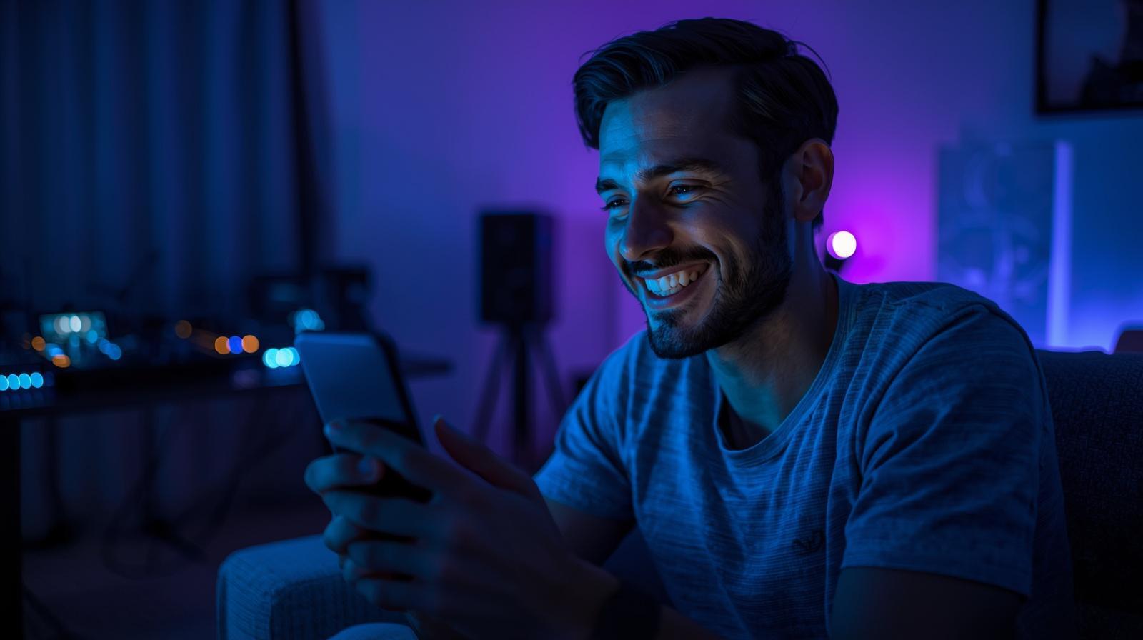 Smiling man enjoying mobile casino game in neon lit apartment.