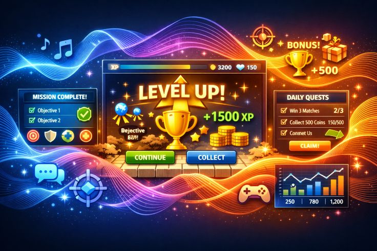 digital gaming interfaces surrounded by dynamic sound waves and reward signals